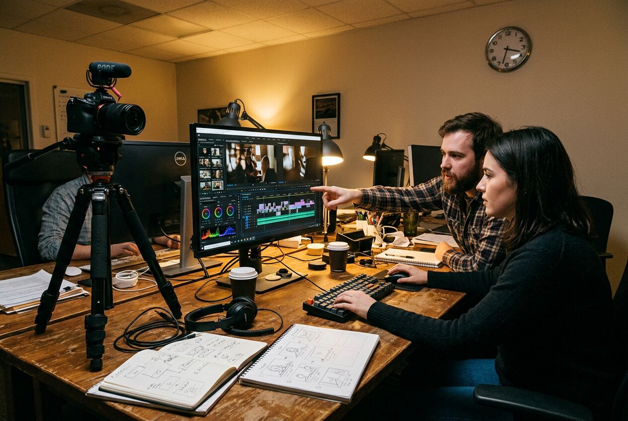 Videoteam dat in de avond aan een montage werkt met camera en storyboard op tafel en een klok die late werktijd aangeeft.