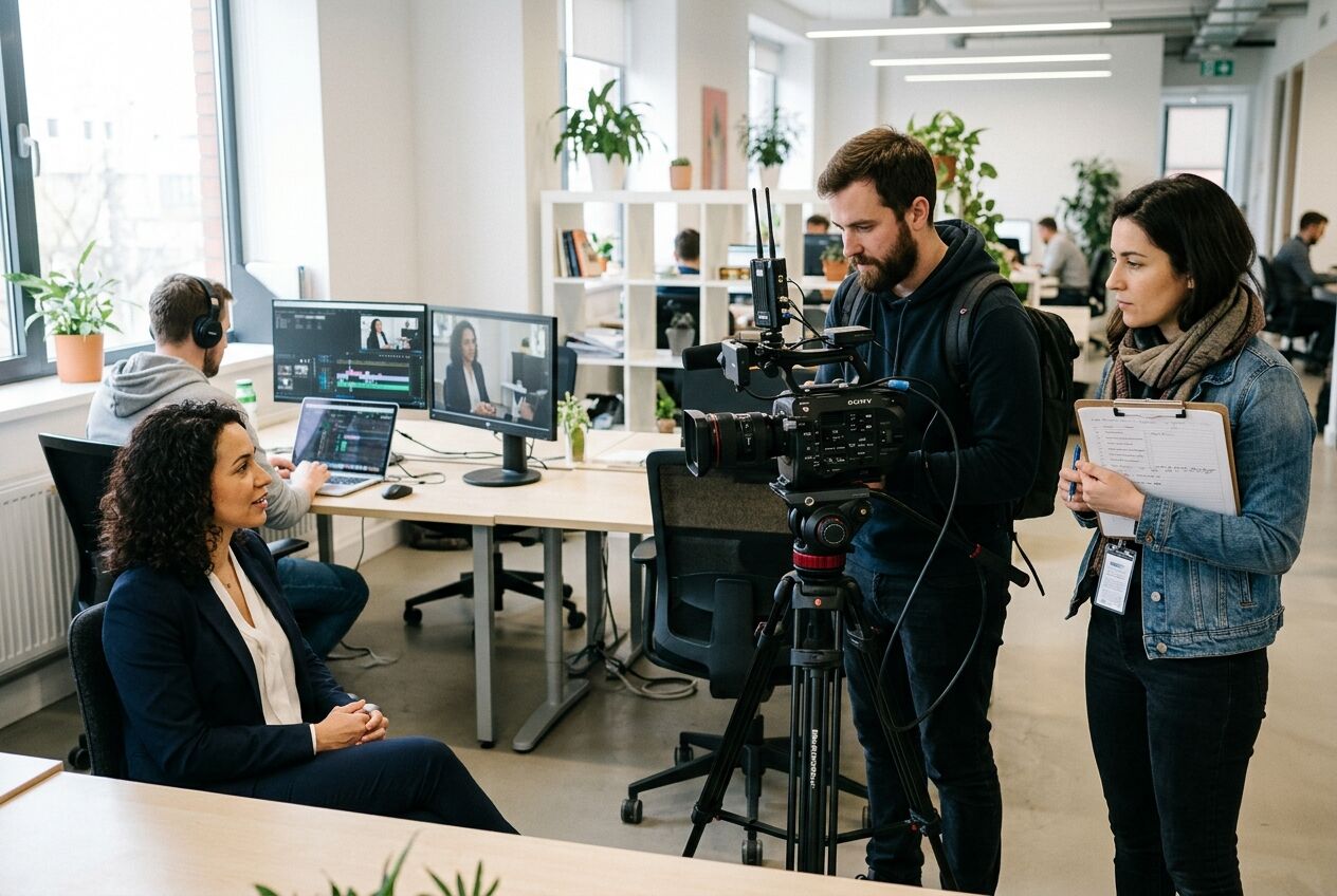 Kleine videocrew die in een modern kantoor een zakelijke interviewopname voorbereidt met camera, regisseur en editor op de achtergrond.